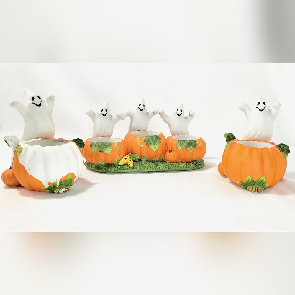 Lot of 3 PartyLite Halloween Ghost Votive Holders #P7176 & P7262 Trio And Single